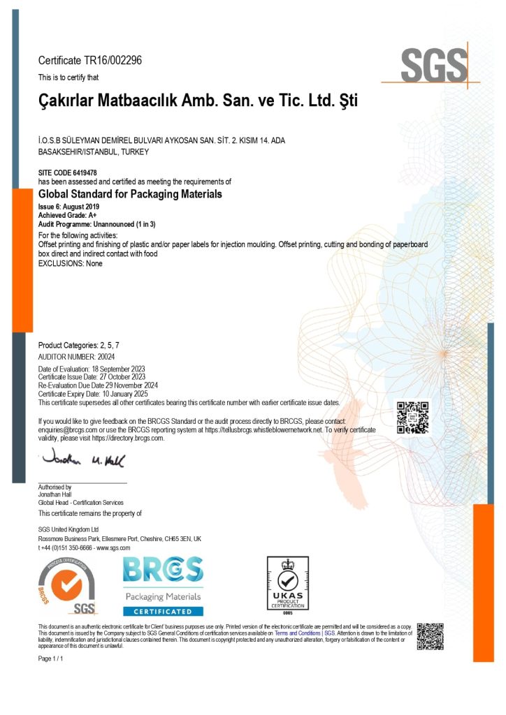 ÇAKIRLAR MATBAACILIK BRC PM A+ GRADE UKAS